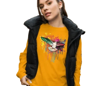 Woman in black vest, yellow dove graphic sweatshirt