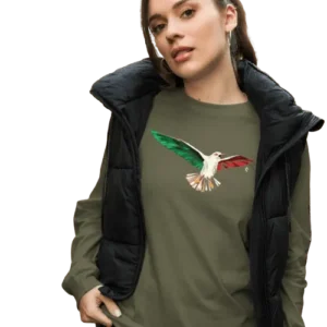 Woman wearing olive sweatshirt with hummingbird print