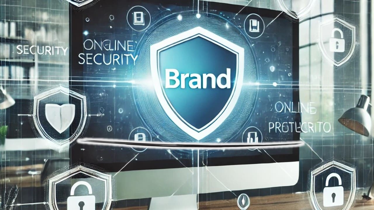 Monitor displaying brand shield with security icons