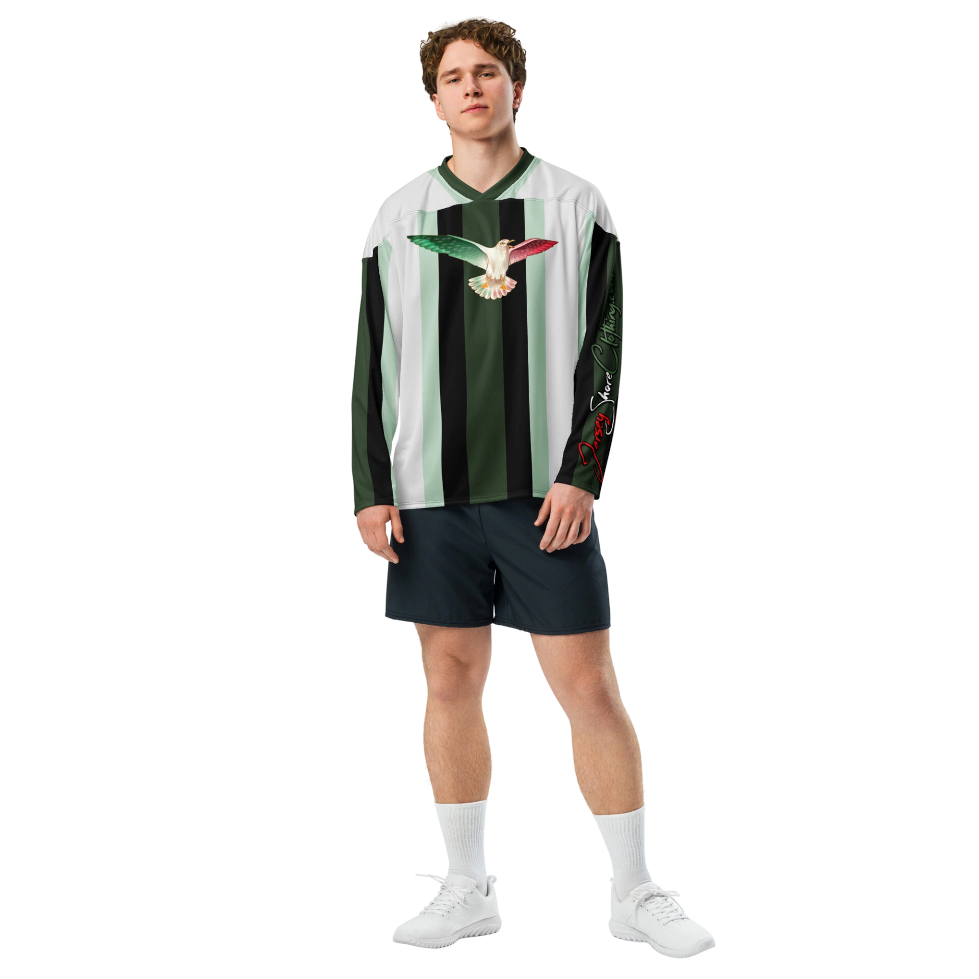 Man wearing striped jersey with bird graphic