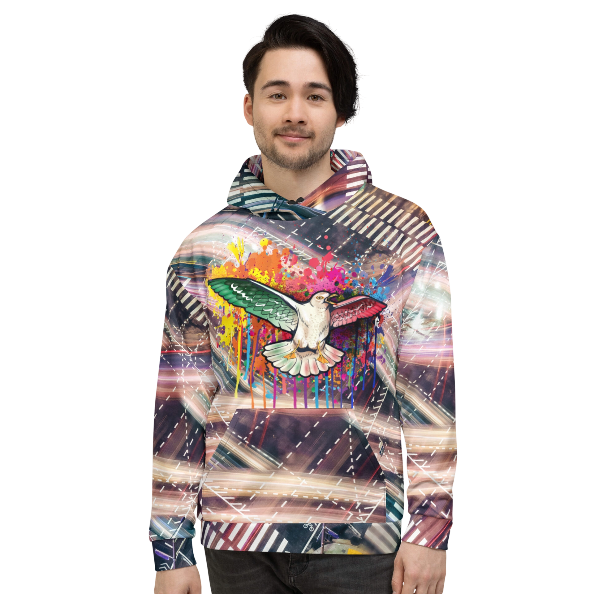 Man wearing colorful hoodie with flying bird graphic