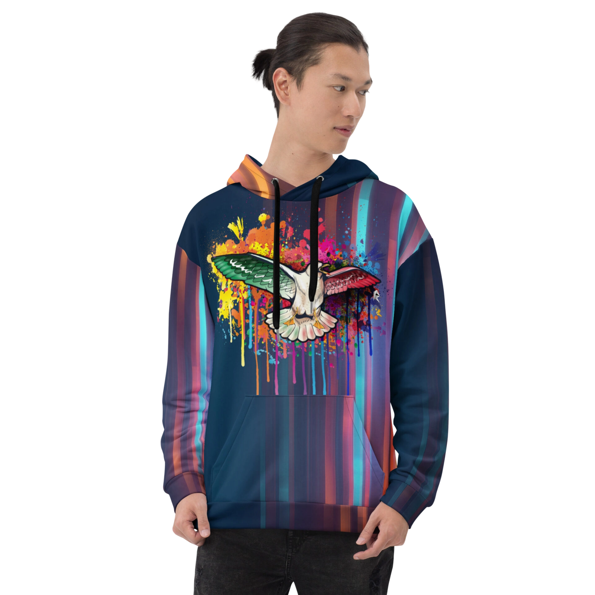Man wearing colorful wing-print hoodie