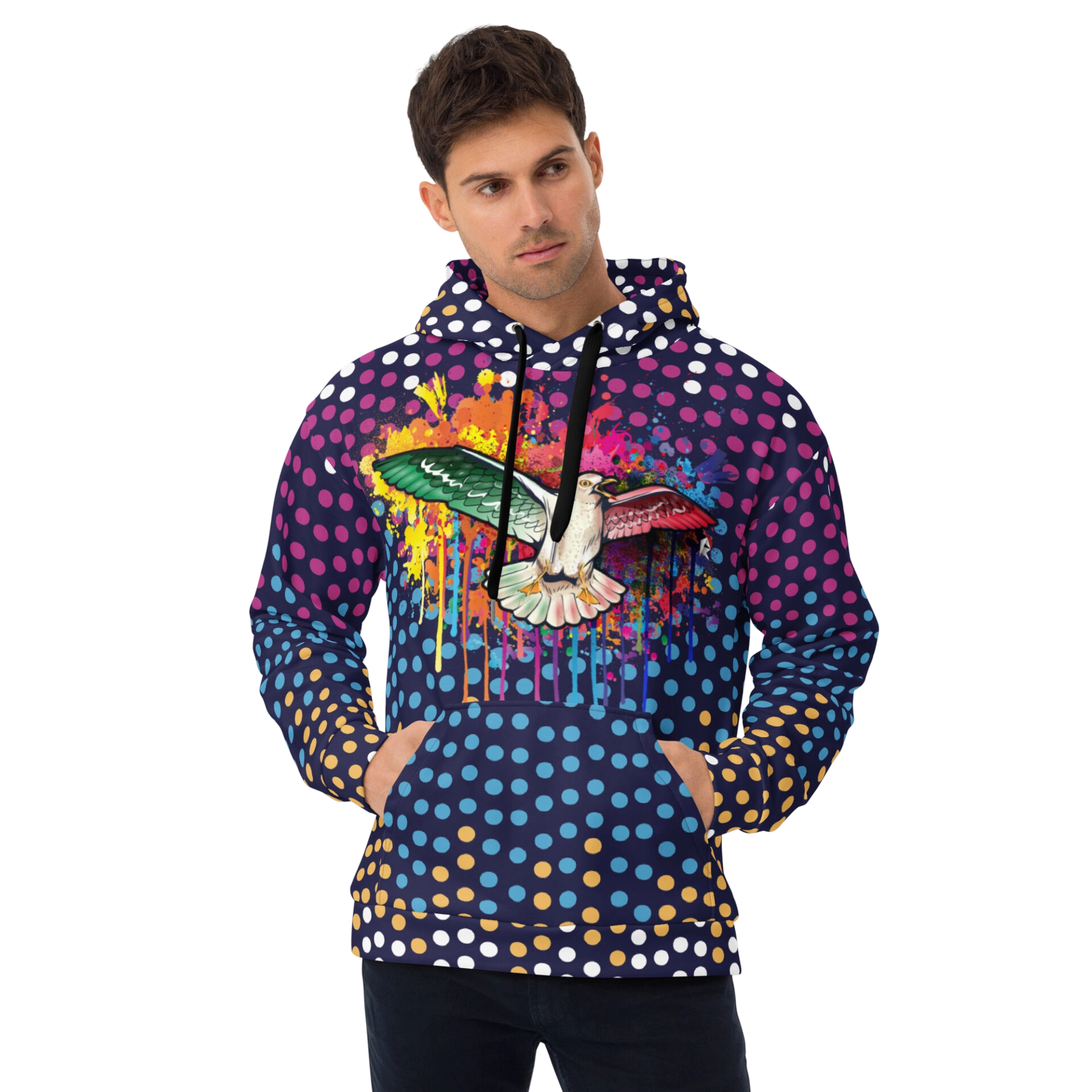 Man wearing colorful polka-dot hoodie with bird