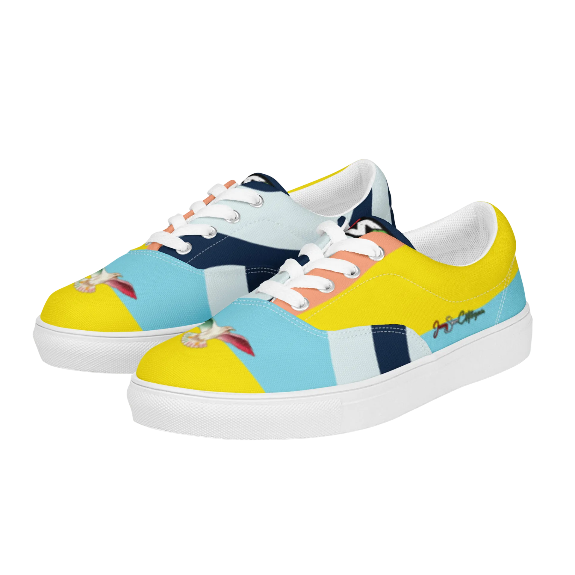 Bright yellow-blue low-top sneakers with floral detail