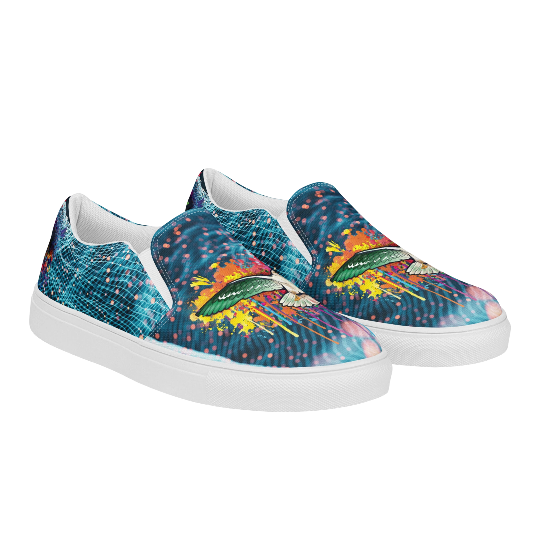 Colorful slip-on sneakers with psychedelic mushroom design