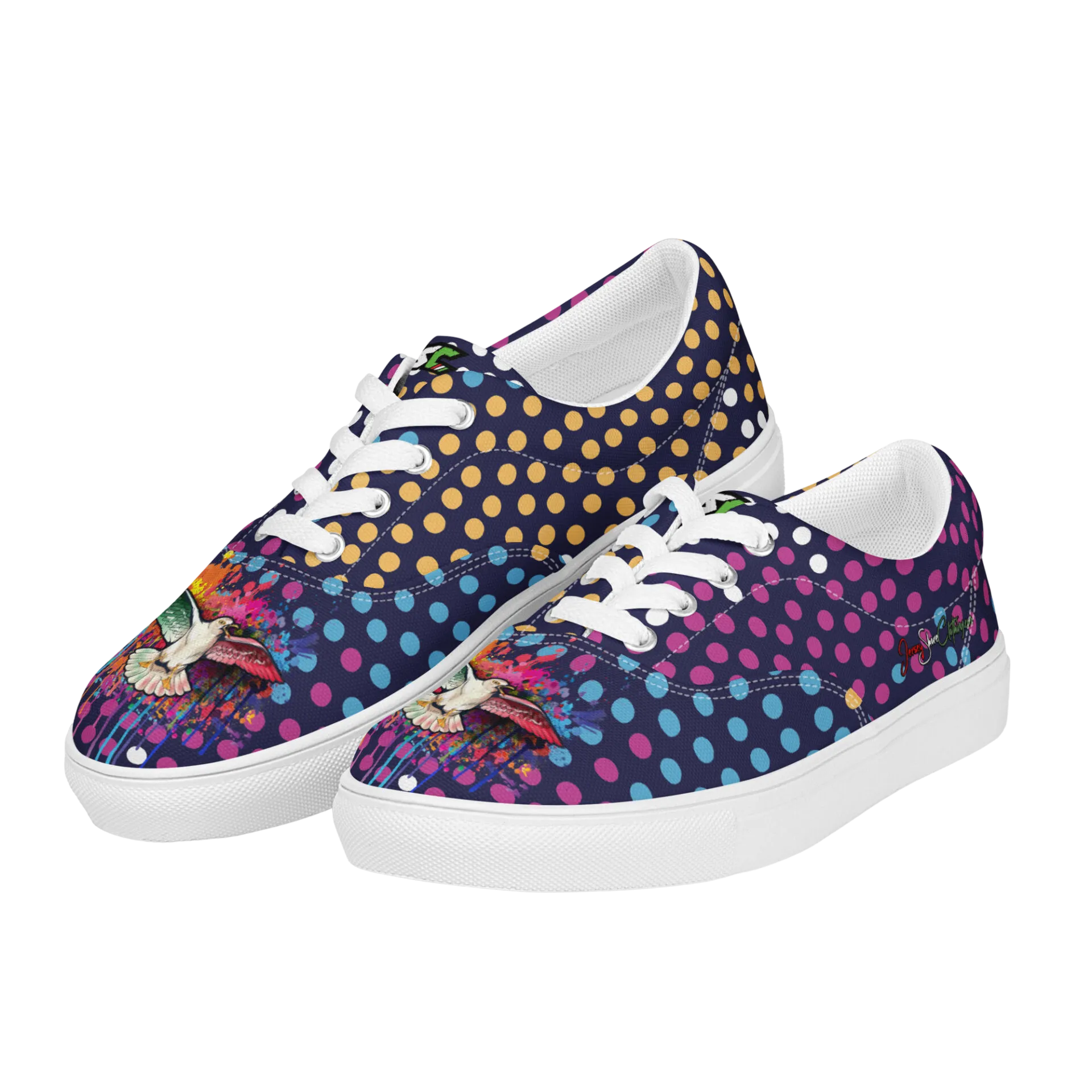 Colorful polka dot sneakers with hummingbird graphic