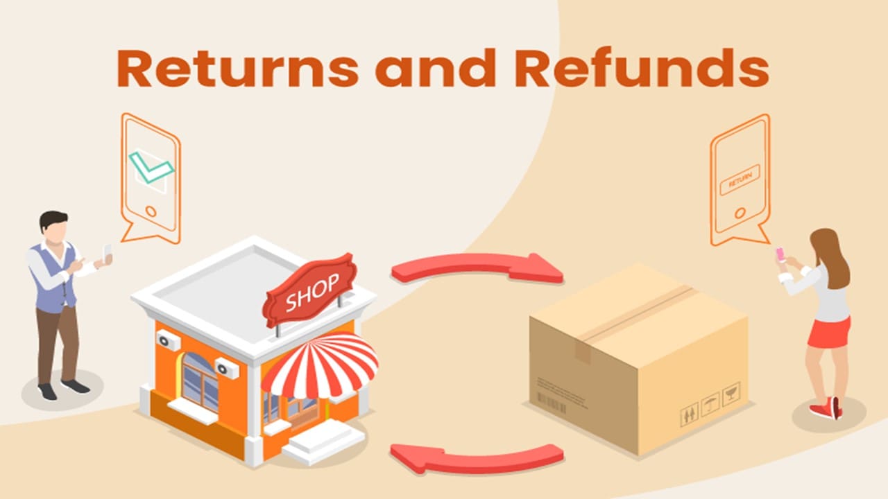 Returns and refunds illustration of shop and package