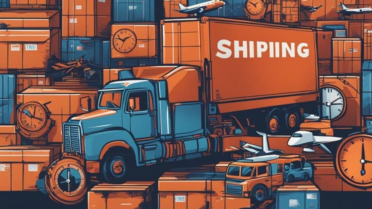 Logistics scene with shipping truck, planes, containers