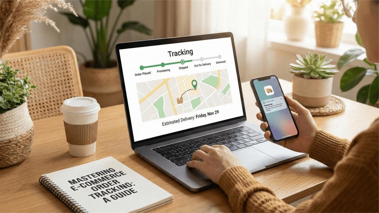 Person tracking package delivery on laptop and phone