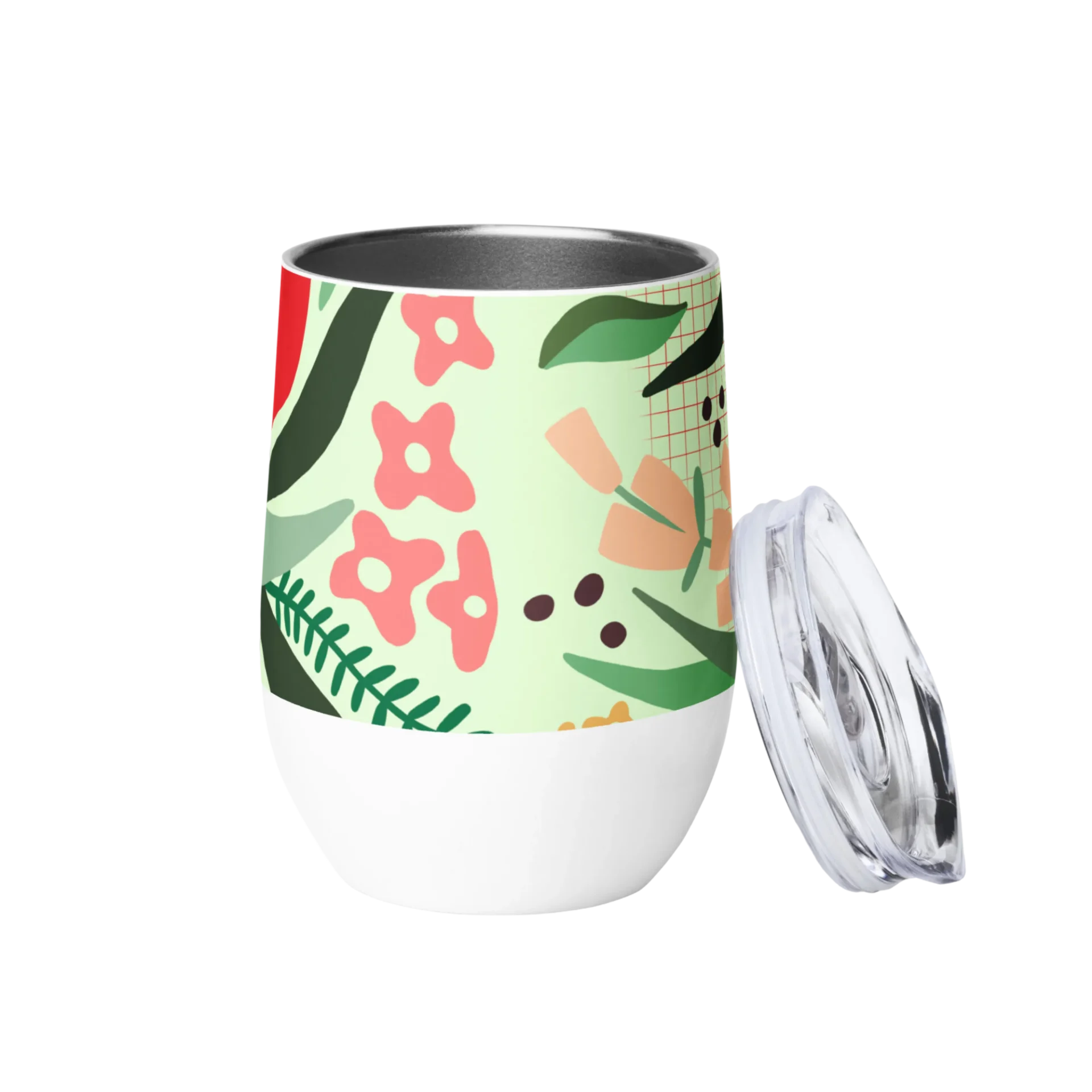 Floral insulated wine tumbler with clear lid