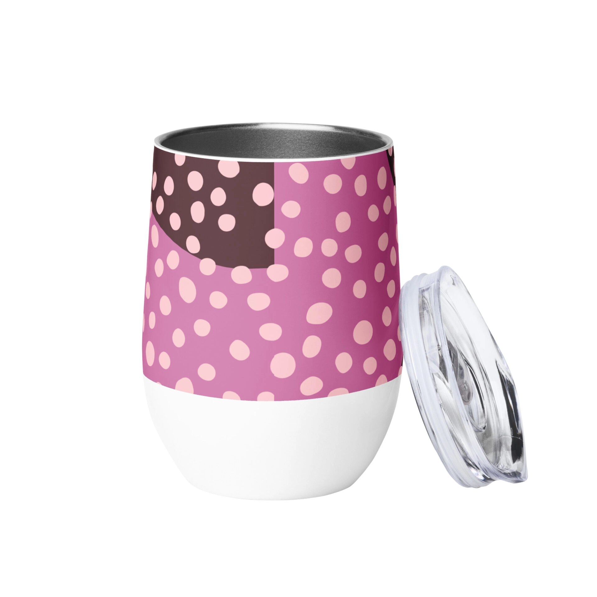 Pink polka-dot stemless insulated wine tumbler with lid