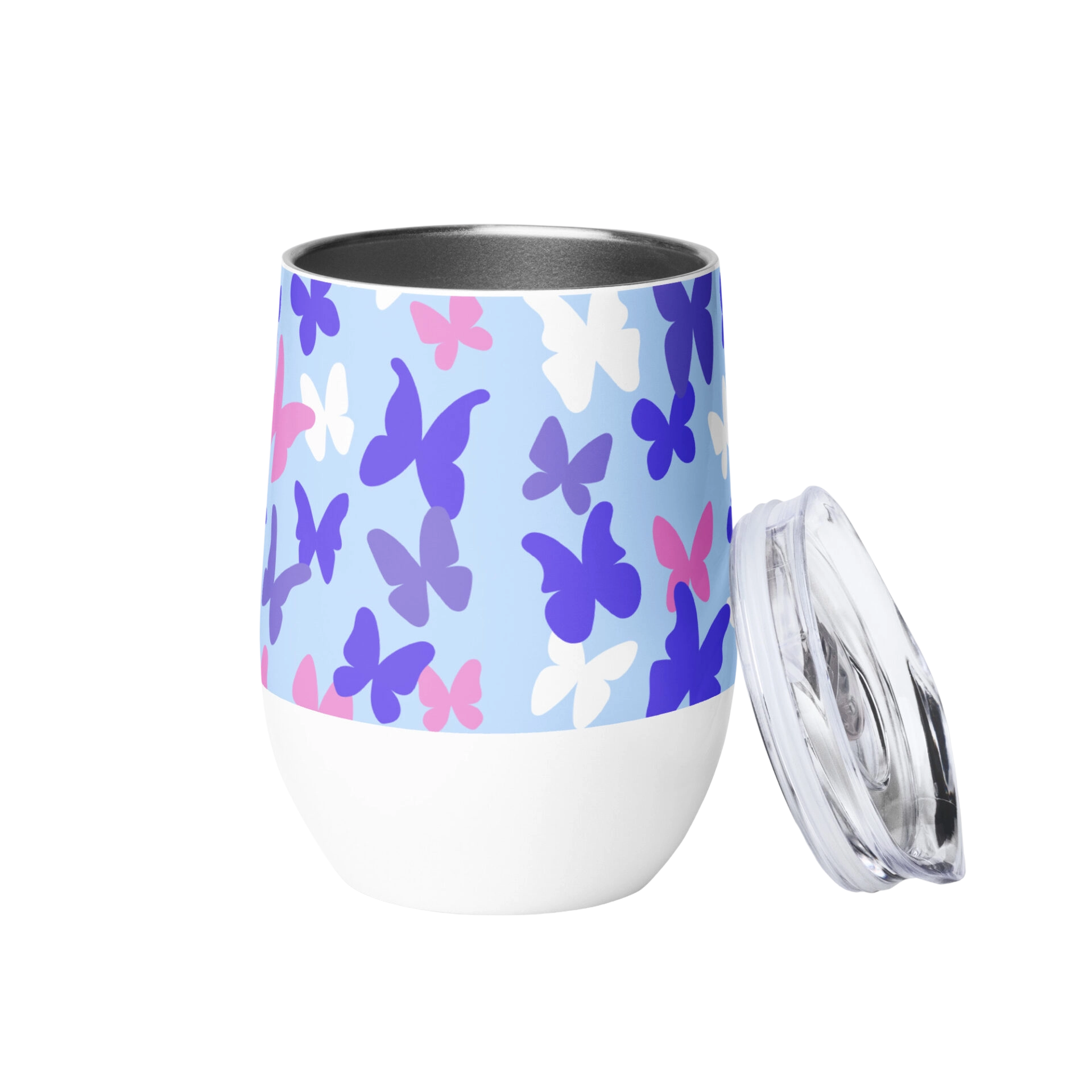Light blue butterfly-patterned insulated tumbler with lid