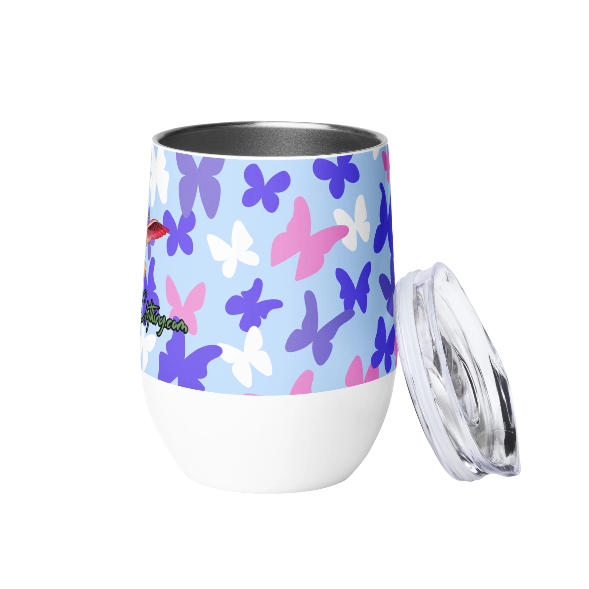 Blue butterfly patterned insulated tumbler with lid