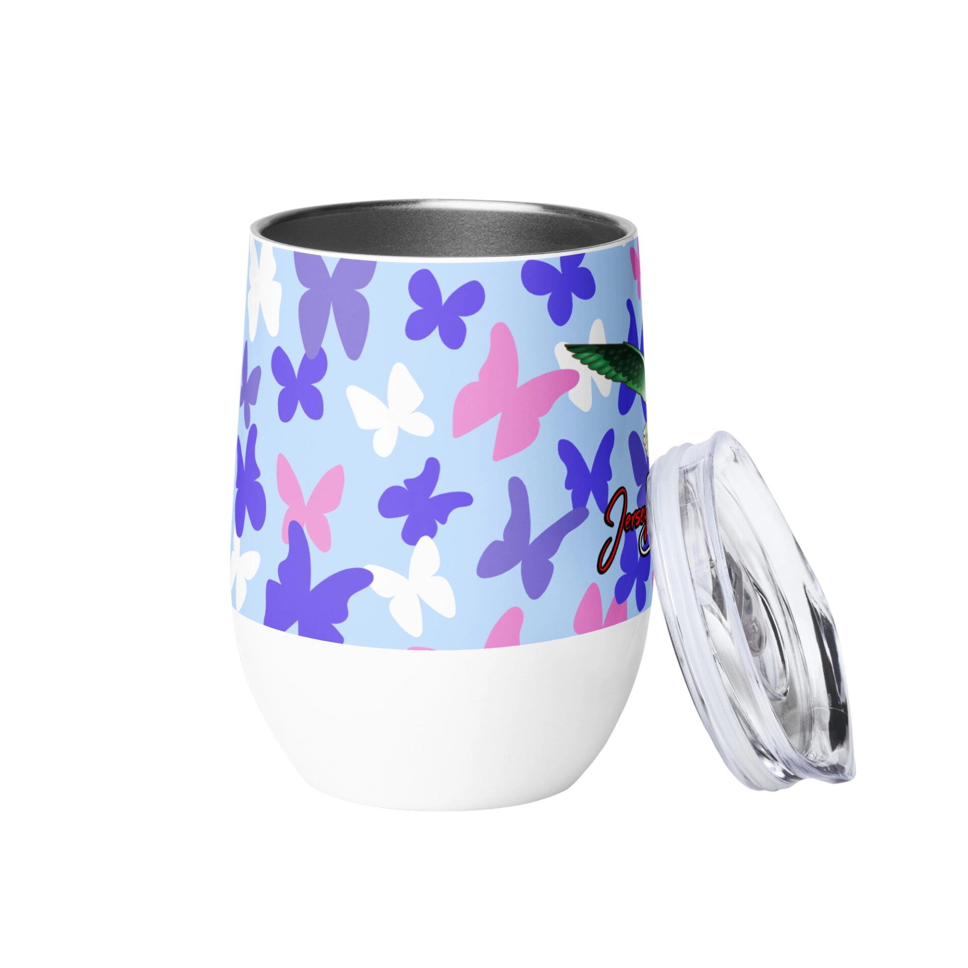 Tumbler with purple and pink butterfly pattern