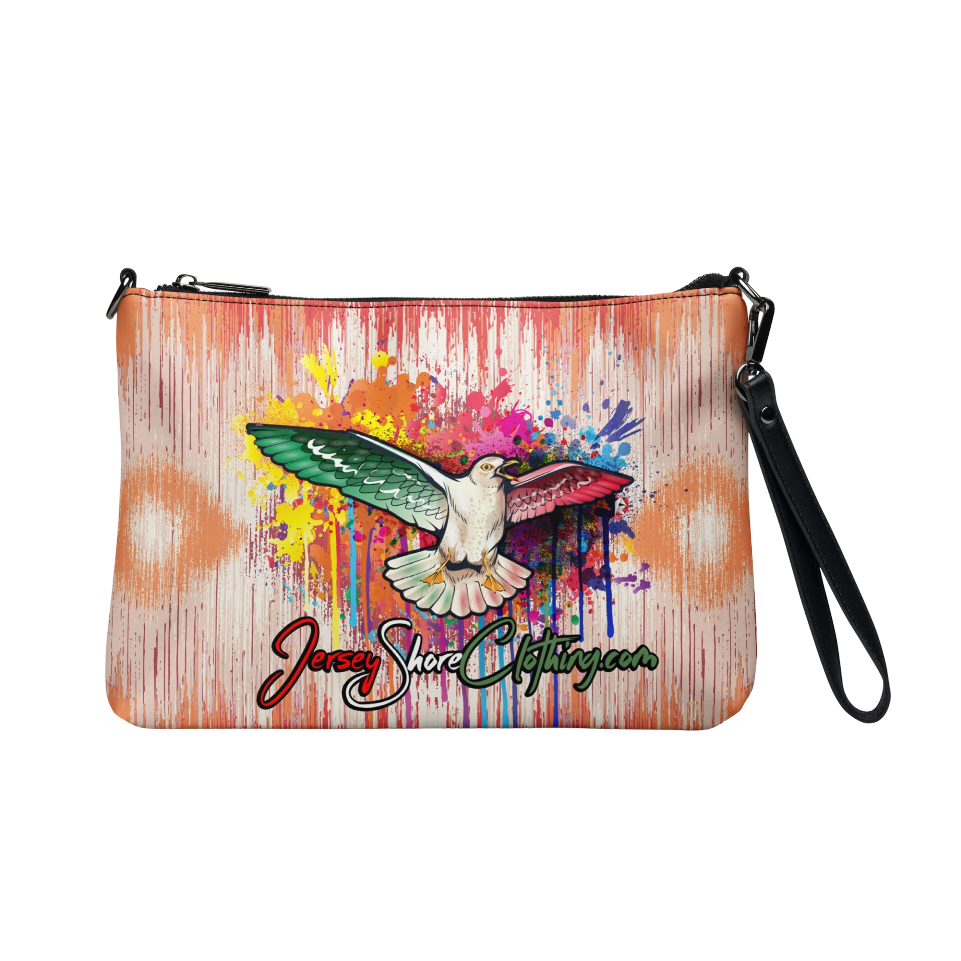 Colorful seagull wristlet purse with watercolor splatters