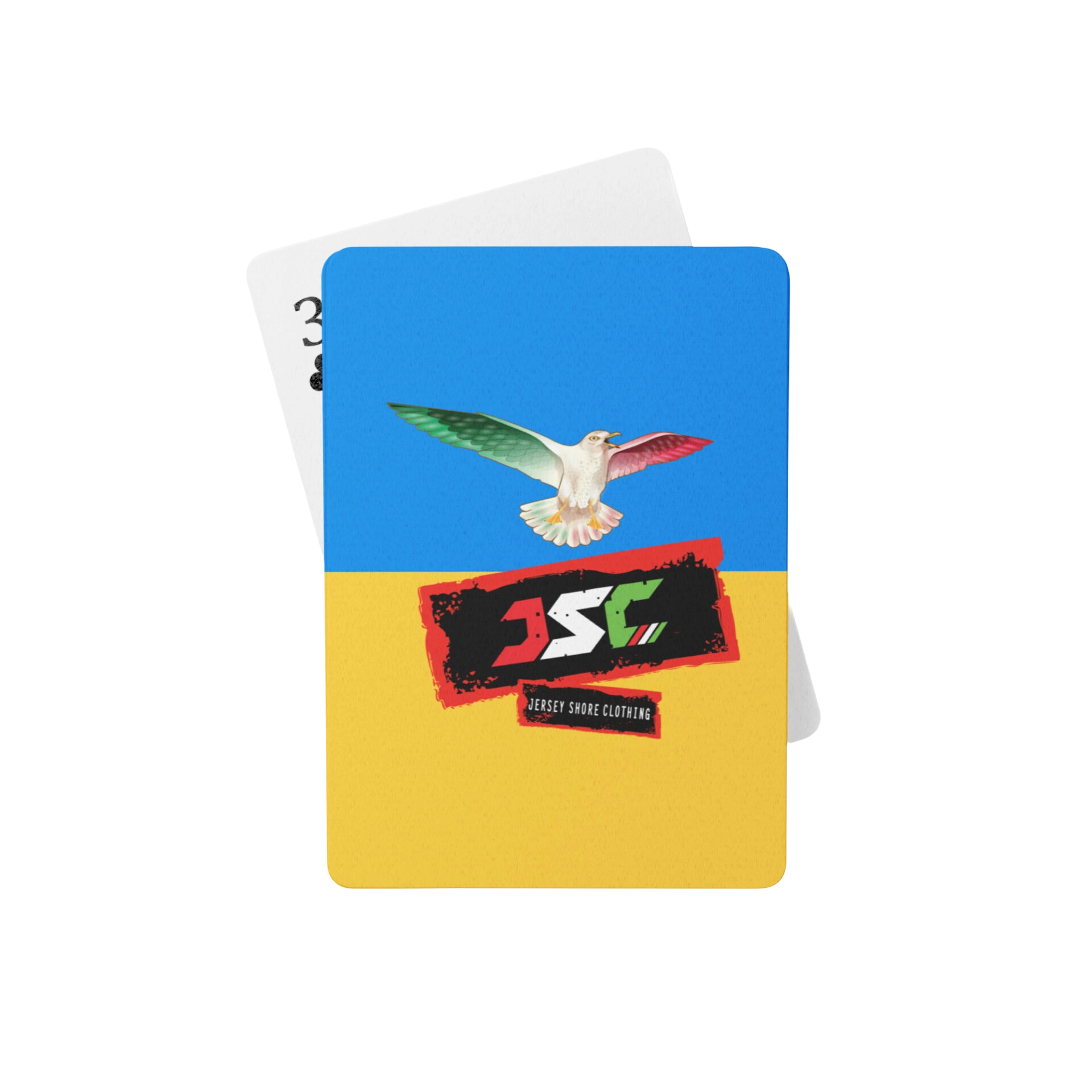 Playing card featuring dove and colorful JSC logo