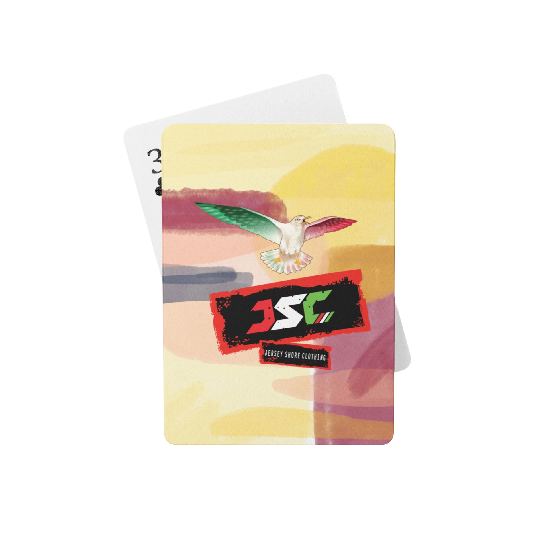 Seagull flying over pastel sunset with JSC logo