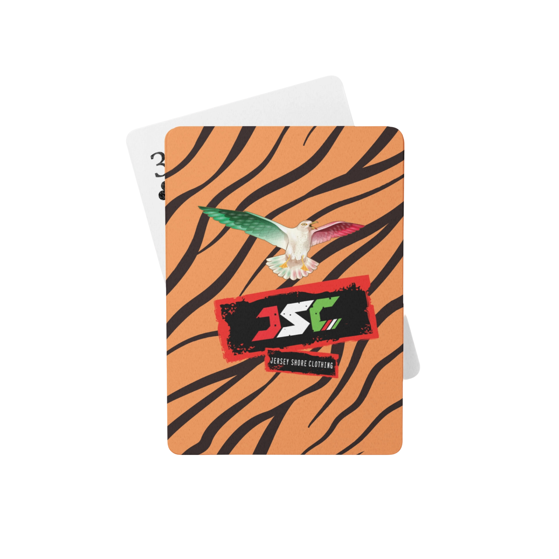 Orange tiger-striped playing card with bird logo