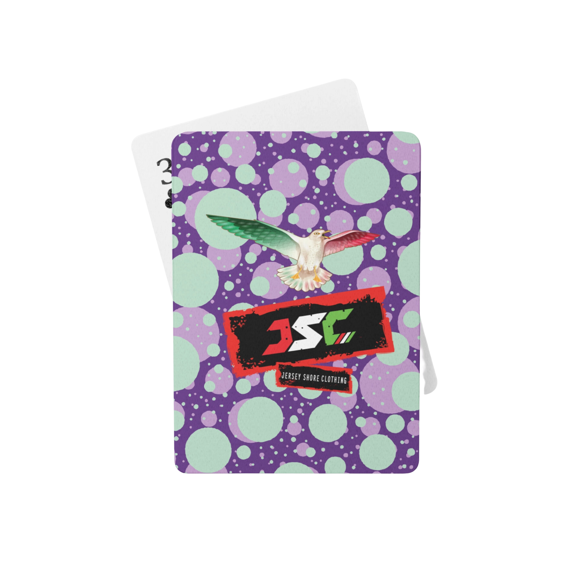 Purple polka-dot card with eagle and logo