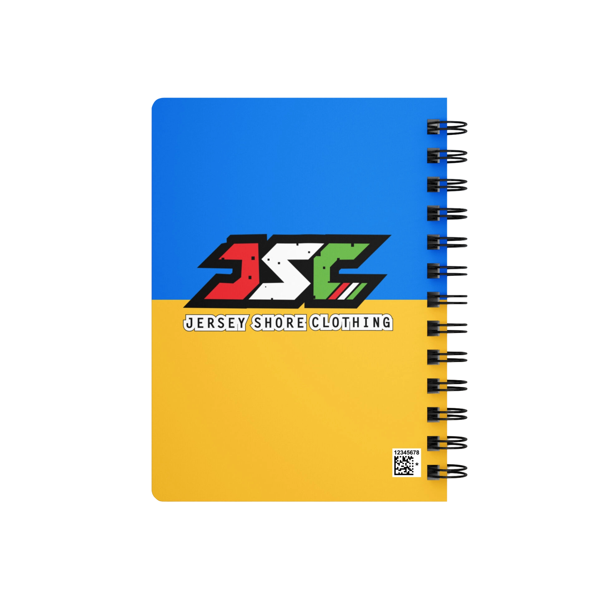 Blue and yellow spiral notebook with JSC logo
