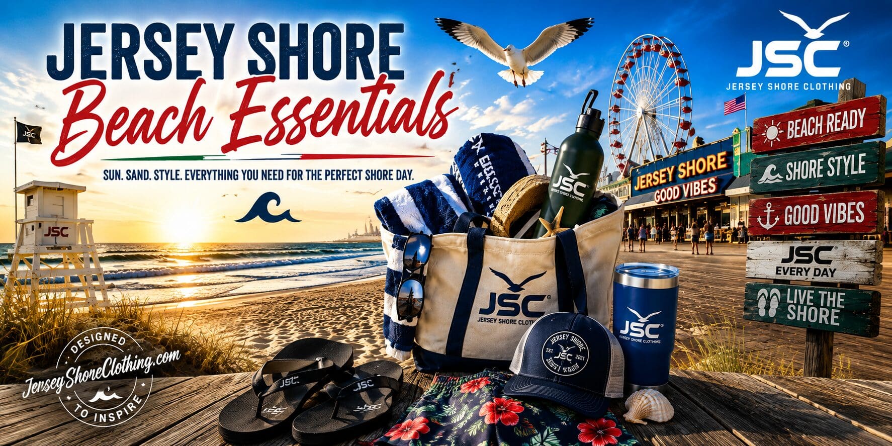 Beach tote, hat, flip-flops, boardwalk Ferris wheel