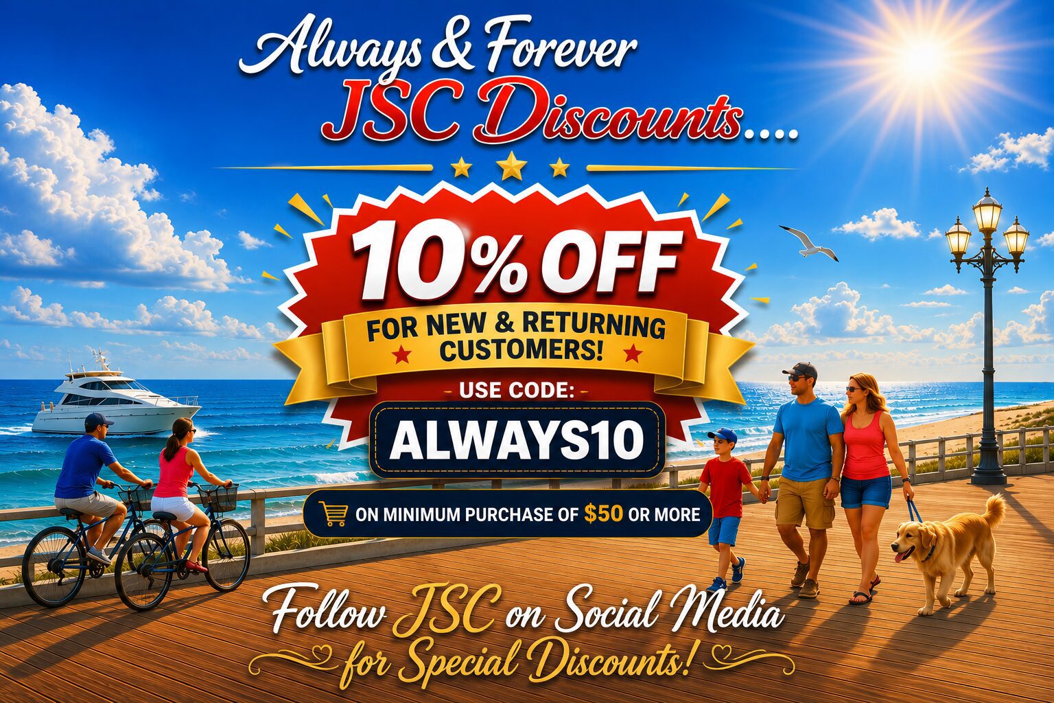 Beach family strolling past 10% off banner