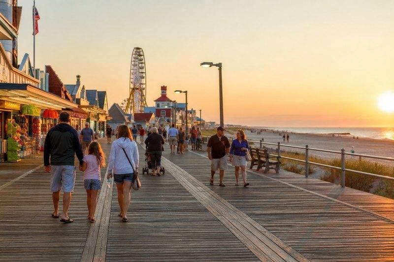 Boardwalk at sunset with Ferris wheel