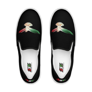 Black slip-on shoes with colorful embroidered design