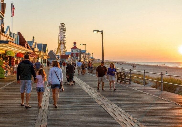 Boardwalk at sunset with Ferris wheel