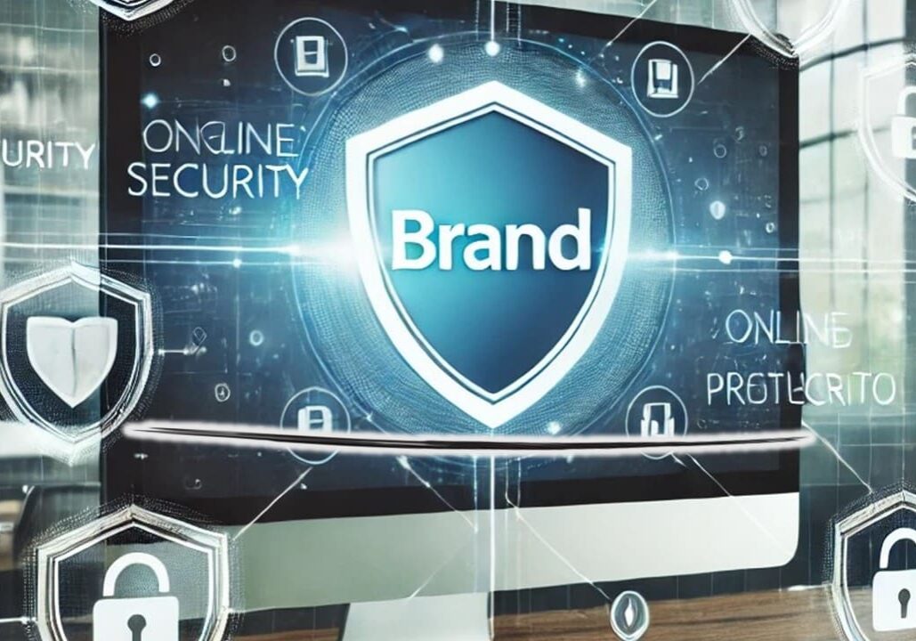 Monitor displaying brand shield with security icons