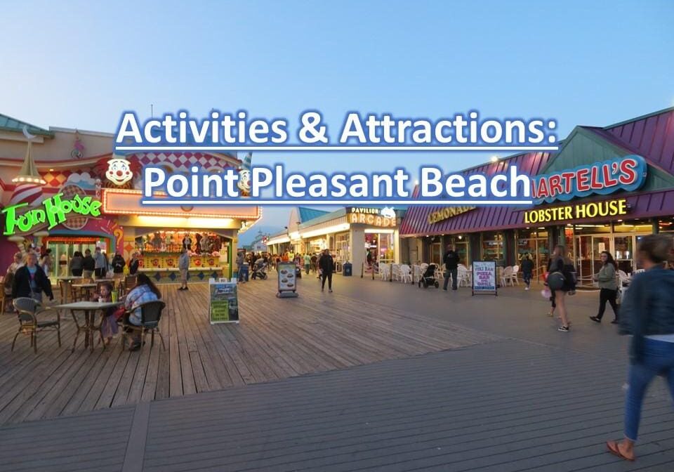 A boardwalk at Point Pleasant Beach with shops and attractions. People are walking and visiting various stores, including a fun house and a lobster restaurant.